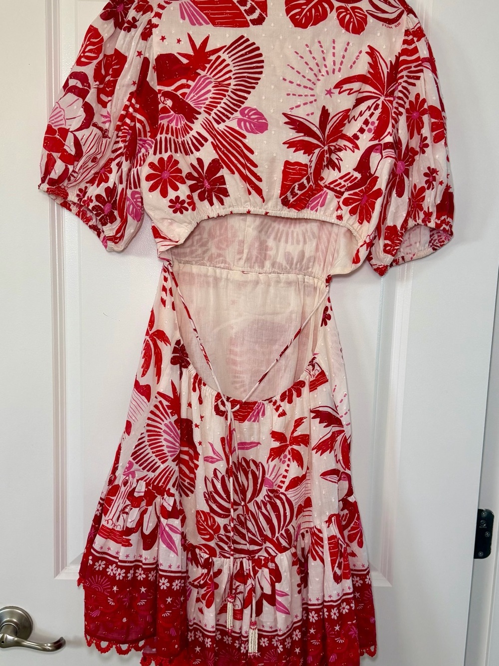 FARM Rio Red Pink Tropical Open Back Puff Sleeve Mini Dress M - Picture 12 of 12